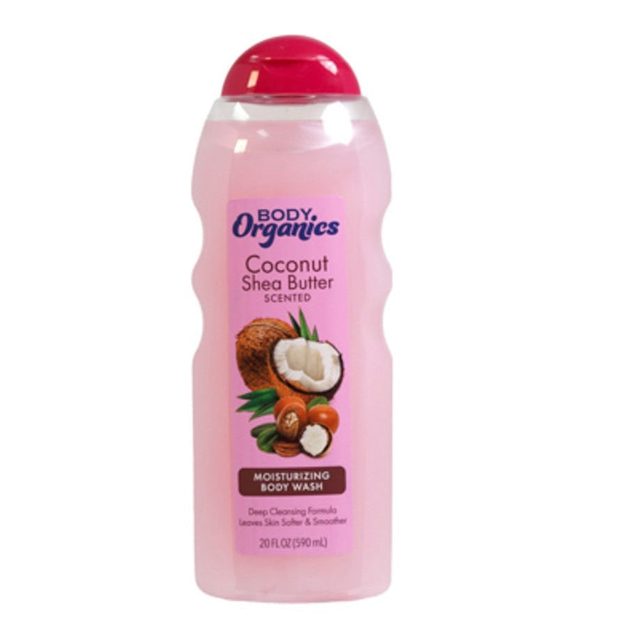 Pink bottle of Body Organics coconut shea butter moisturizing body wash.